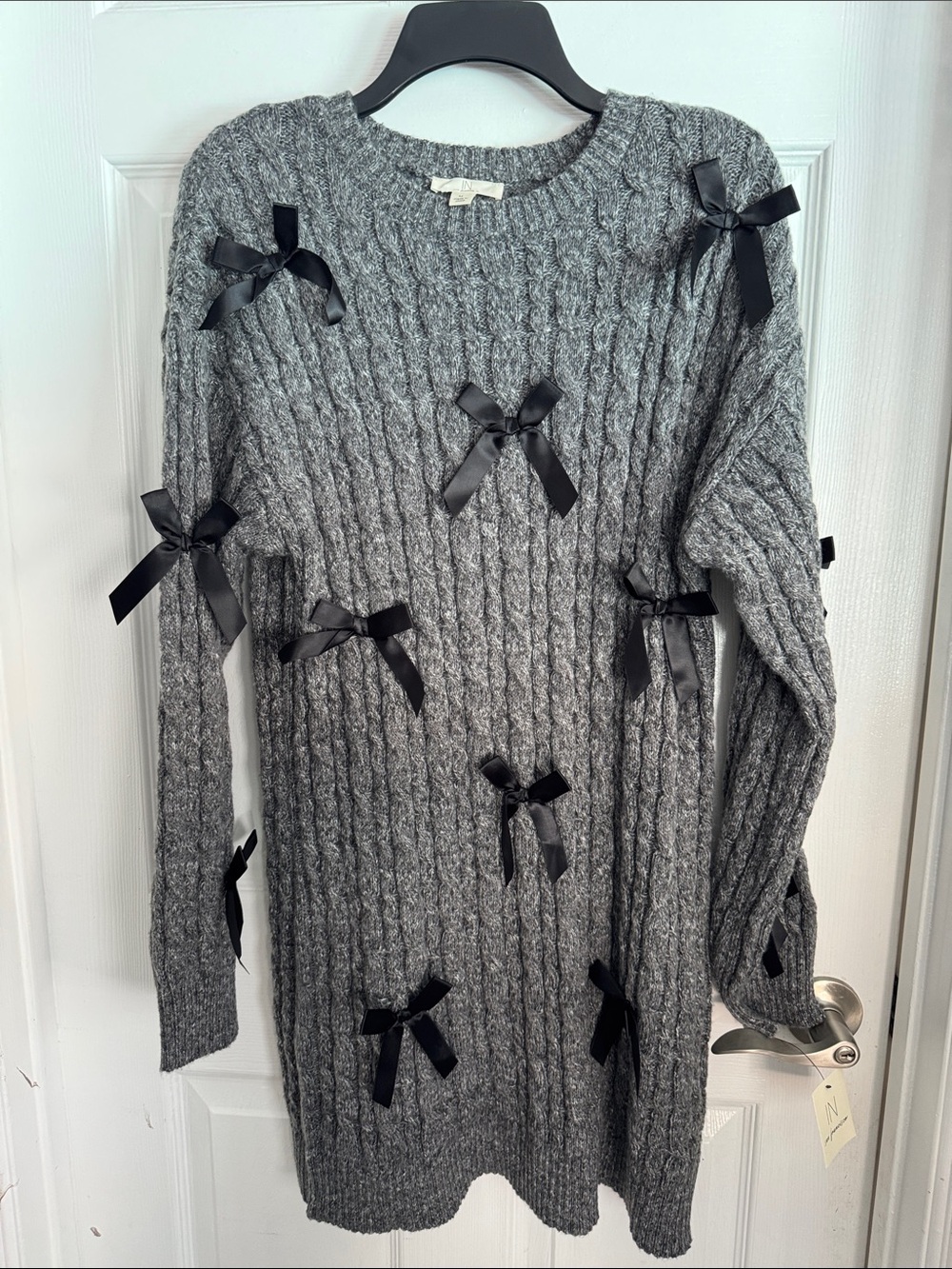 INC International Concepts Gray Cable Knit Sweater Dress with Black Satin Bows